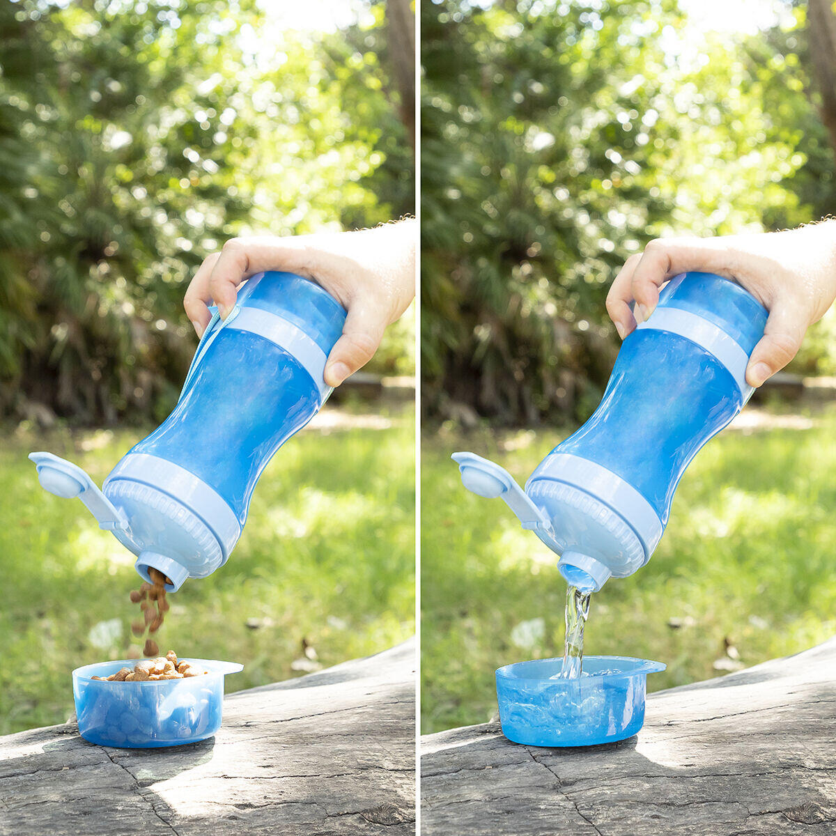 Botella con Depósito de Agua y Comida para Mascotas 2 en 1
