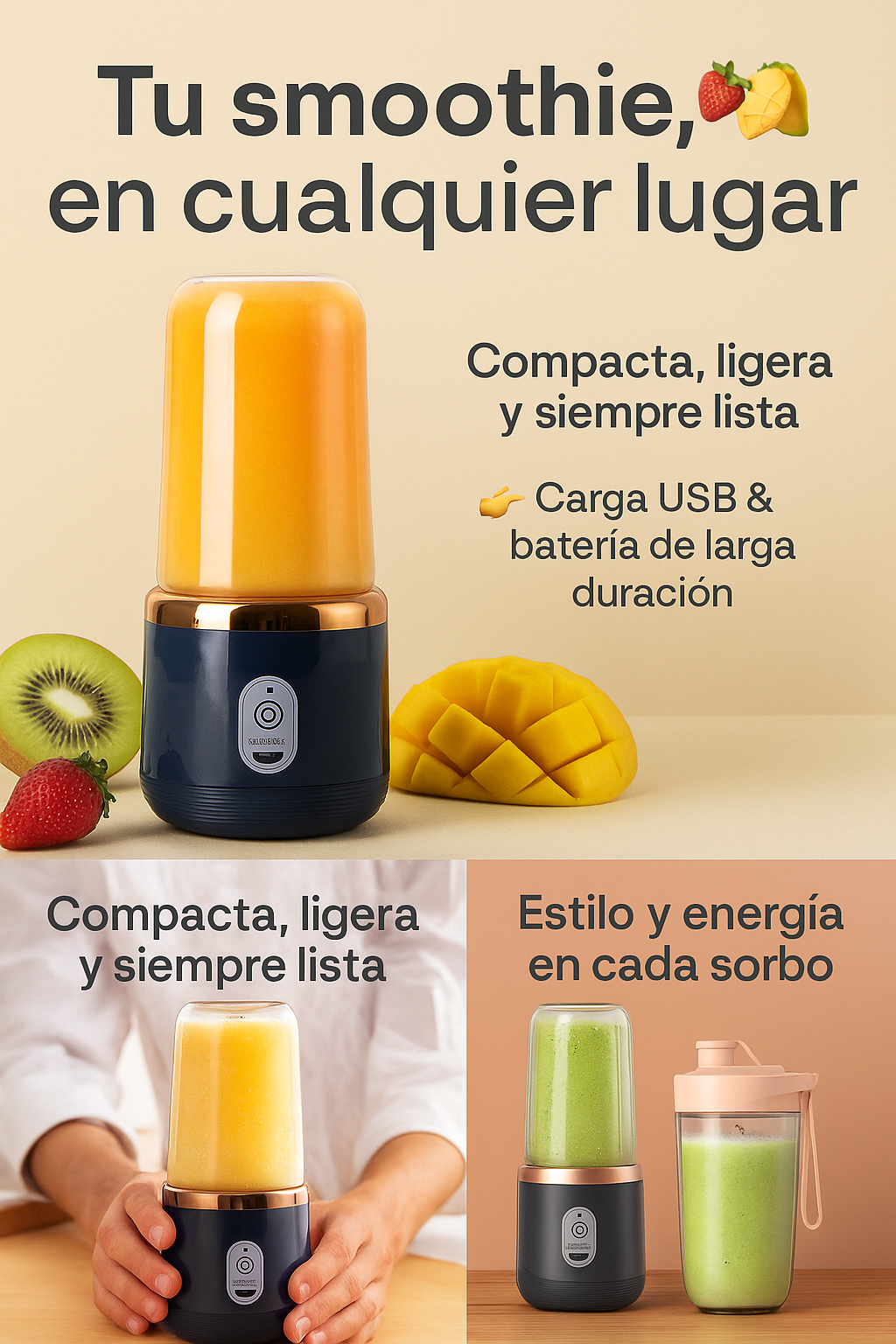 Batidora portátil con dos vasos